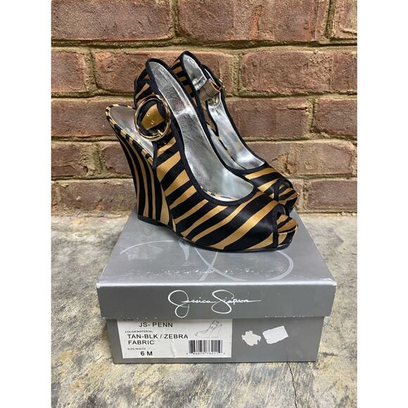 Jessica Simpson Tan & Black Zebra Fabric Sling Back Wedge Size 6 - Picture 10 of 10
